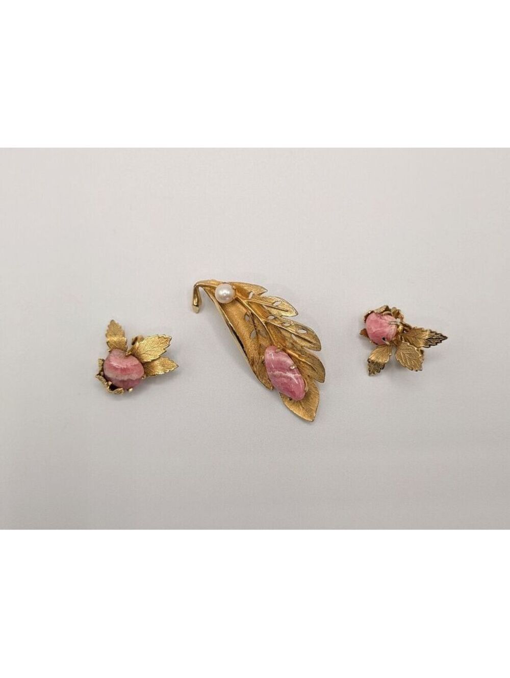 Vintage Kramer Gold Tone Leaf Brooch and Pink Flower Clip Earrings Set